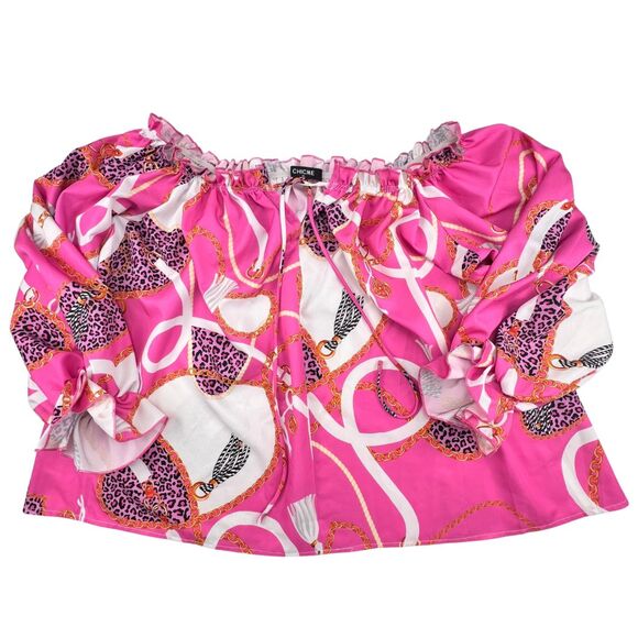 Chic Me Blouse XL Bold Chain Print Off Shoulder Vacation Party Silk Inspired Top - Picture 6 of 9